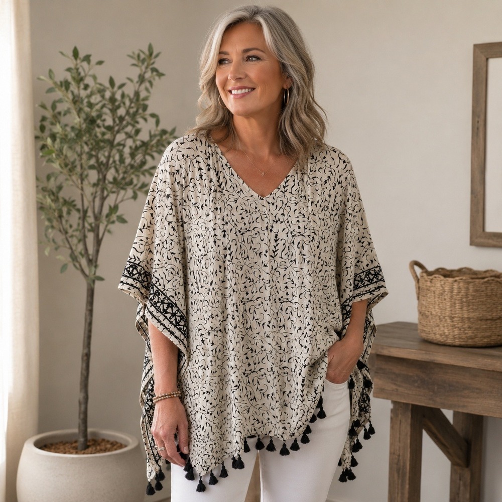 Pure Jill Women Cream Cotton Block Print Tassel Poncho Top S-L Boho Coastal Chic
